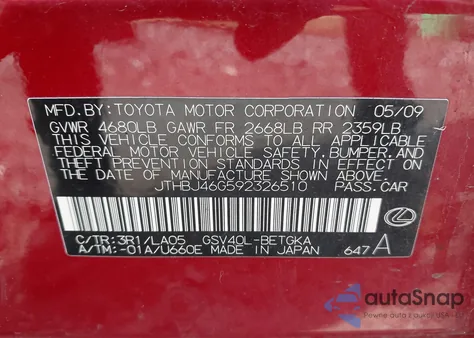 2009 Lexus Es 350 z USA, uszkodzony, nr VIN JTHBJ46G592326510